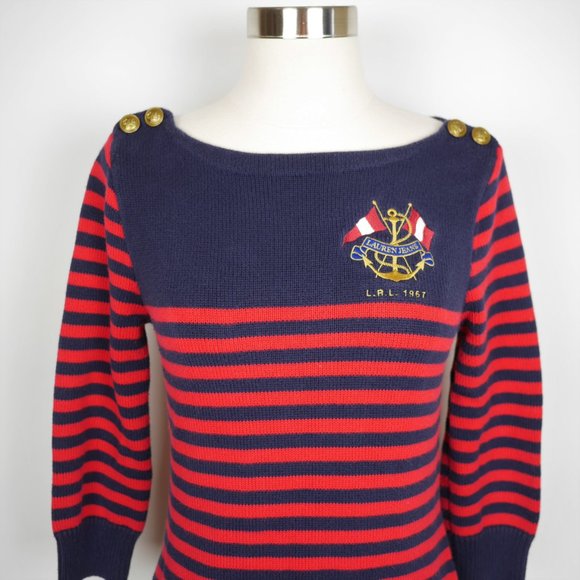 LAUREN JEANS Navy blue & red striped knit sweater - Picture 2 of 8